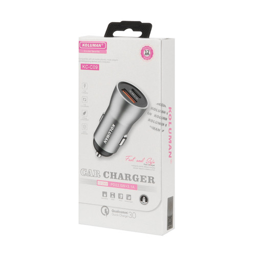 شارژر فندکی 22.5 وات شرکت کلومن مدل KC-C09 به همراه کابل تبدیل TYPE-C