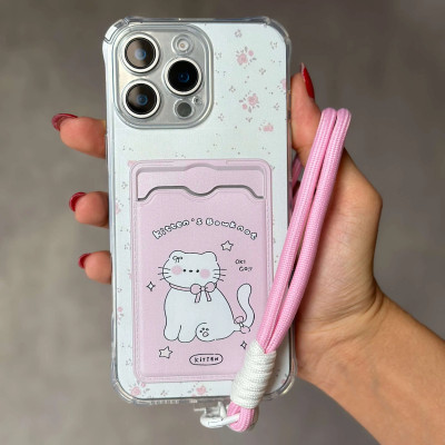 قاب فانتزی جاکارتی دار  لنیارد گربه صورتی مناسب A36,  Samsung A53  Xiaomi Note 11 Pro / Note 12 Pro (4G)  Xiaomi Note 12 (4G)  Xiaomi Poco X6 Pro