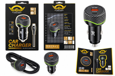 شارژر فندکی خودرو B&C مدل BC-11Q با کابل Type-C، دو پورت USB و Type-C، توان 48 وات QC3.0 + PD30W